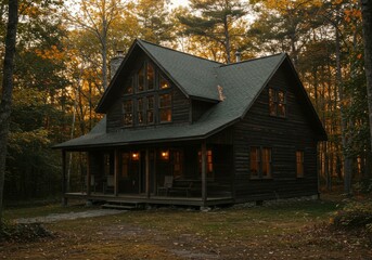 Cozy Cabin in the Woods: A rustic cabin nestled amid the warm embrace of a wooded forest, inviting solitude and the charm of nature with its inviting porch and glowing interior lights.