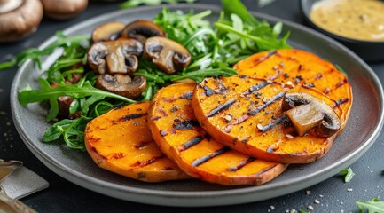 Grilled sweet potato slices and mushrooms served atop a bed of arugula on a dark gray plate.  A small bowl of sauce is visible in the background