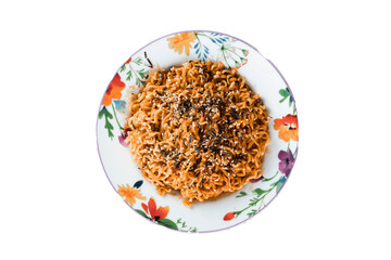 Korea noodle in a plate isolated on white background.