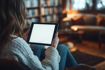 Person sitting indoors holding a tablet with a blank screen in a cozy, softly lit living room environment