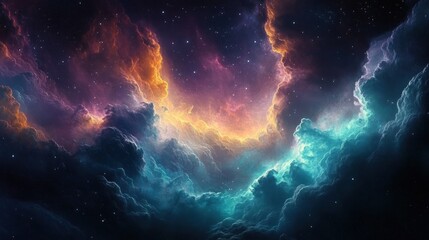 Vibrant cosmic nebula with colorful illuminated clouds and twinkling stars creating a mystical and awe-inspiring space scene