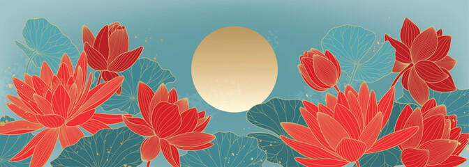 Luxury vector background with red flowers, blue water lilies and moon. Asian poster.
