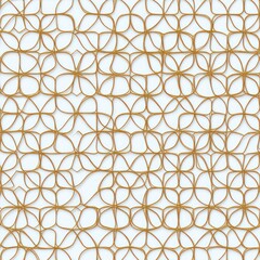 Intricate golden wire lattice pattern forming interconnected floral shapes on a white background, creating a delicate and elegant geometric design