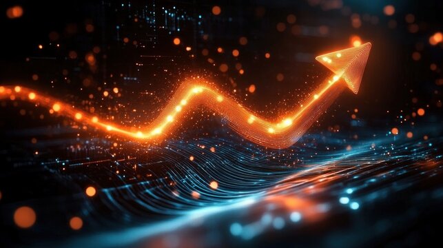 glowing orange upward arrow with digital light trails rising over a flowing blue abstract wave background conveying growth and progress
