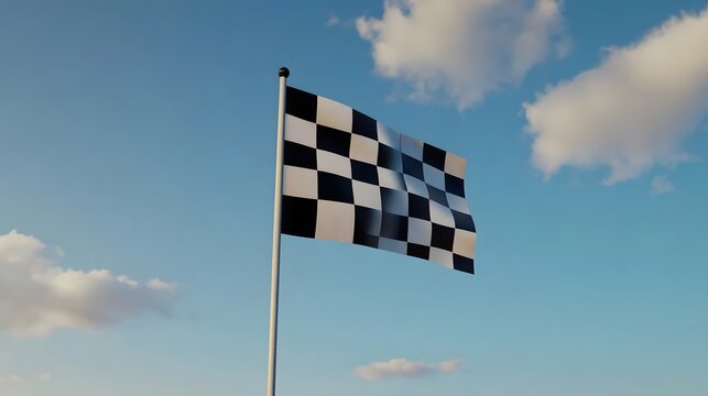 Checkered flag waving in the blue sky signifying a racing win and competition finish - Powered by Adobe