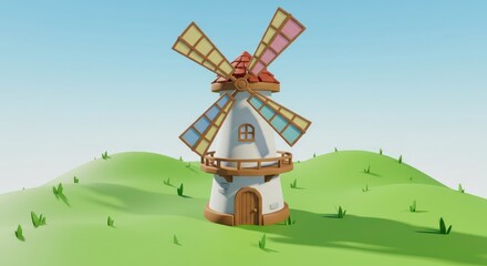 Charming 3D Windmill Tower on Rolling Green Hills Against a Clear Blue Sky