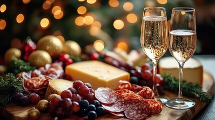 Festive charcuterie board with assorted cold cuts, grapes, cheese, and sparkling wine glasses with warm blurred holiday lights in background