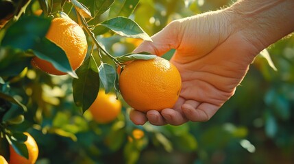 Hand gently picking ripe oranges from a leafy tree branch in warm sunlight, evoking a sense of calm and connection with nature