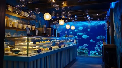 Ocean life themed dessert shop with aquatic lighting and bubbles decor
