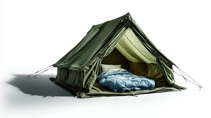 Classic green canvas tent with open flap and sleeping bag