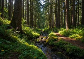 Fototapeta premium Lush Forest Trail: A serene path meanders through a dense, green forest, with a crystal-clear stream cascading gently alongside, embodying the essence of nature's tranquility.