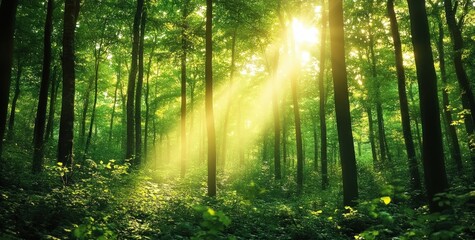 Fototapeta premium Sunlight filtering through dense green forest trees illuminating lush undergrowth with vibrant natural light and creating serene peaceful atmosphere
