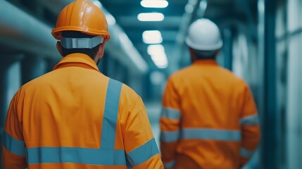 Industrial maintenance team walking in a facility corridor