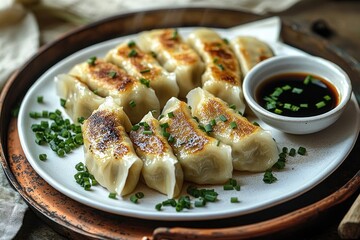 Plate of crispy pan-fried dumplings garnished with chopped green onions served with a bowl of soy dipping sauce on rustic wooden tray