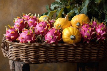 Obraz premium Basket filled with vibrant pink dragon fruits and small orange pumpkins set against green foliage and warm earthy background, evoking a rustic autumn harvest feel
