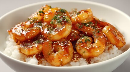 Delicious Shrimp Stir-Fry with Vegetables and Sesame Seeds Served Over White Rice in a White Bowl