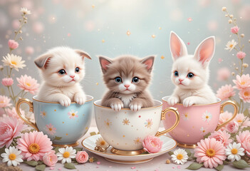 Adorable Baby Animals in Pastel Teacups with Flowers — Kawaii Nursery Art