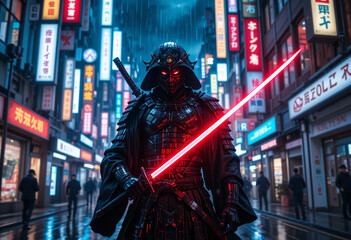Futuristic Cyberpunk Samurai Under Neon Lights in Rainy Tokyo