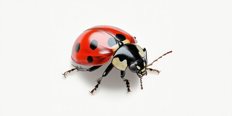 Obraz premium close-up of a red ladybug with black spots on a white background showing detailed body and antennae