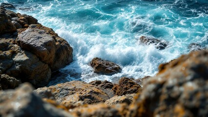 Close-Up View of Ocean Waves Against Rocky Edge