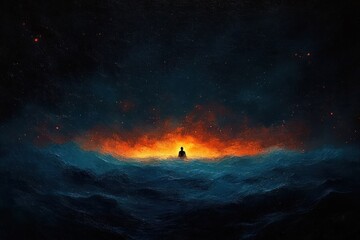 Fototapeta premium Silhouette of a person meditating or sitting calmly amidst dark turbulent waves with a bright glowing orange light behind against a dark starry sky, evoking solitude and contemplation