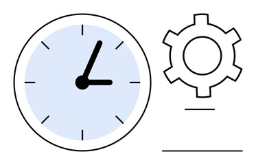Analog clock with blue face next to a gear symbol, representing time, process efficiency, and productivity. Ideal for workflow, scheduling, automation, time tracking, project management work-life