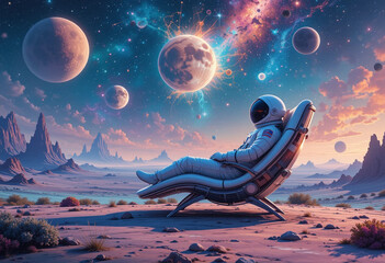 Lone Astronaut Relaxing Amid Moons and Galaxies on Alien Landscape