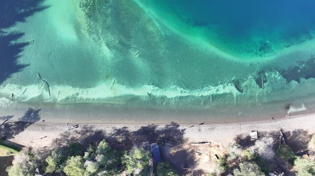 Bahia Mansa In Villa La Angostura Neuquen Argentina. Stunning Tropical Coastline Beach Scene Viewed From Above. Outdoor Travel Destinations Patagonia Glacier. Snow Covered Aerial View.