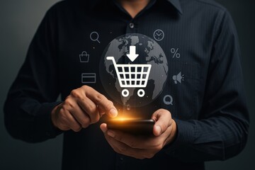 Online Shopping with Globe and Shopping Cart Icon | Man Holding Smartphone for E-commerce, Retail, and Digital Marketing