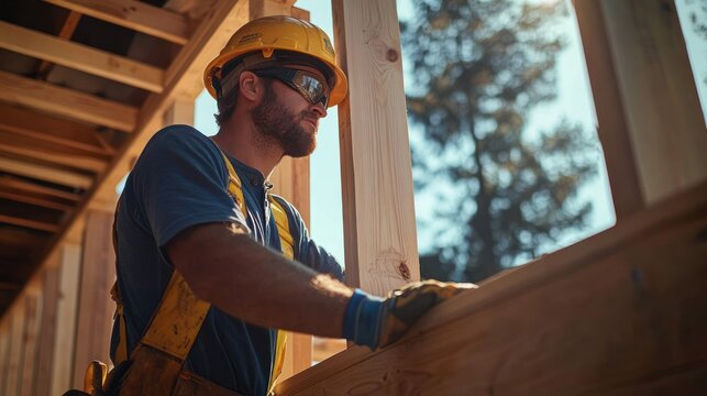 Construction worker wearing safety helmet and goggles carefully working on wooden framing under natural sunlight