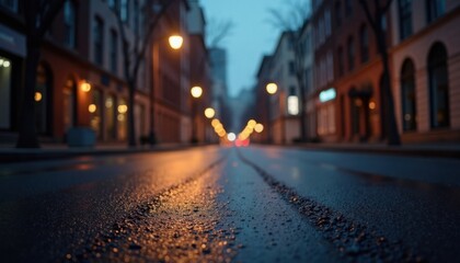 Fototapeta premium Night city street view showcasing reflections of streetlights after rain in the urban environment.
