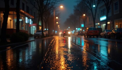 Fototapeta premium Illuminated by streetlights, the city street glistens with rain on a quiet evening in the city.