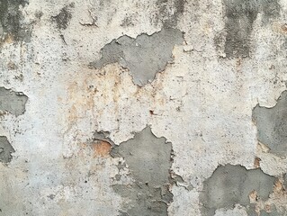 Obraz premium Close-up of an old, weathered wall with peeling paint and visible patches of exposed concrete and rust stains conveying decay and neglect