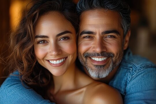 Close-up of a joyful couple smiling warmly while embracing each other with happiness and affection