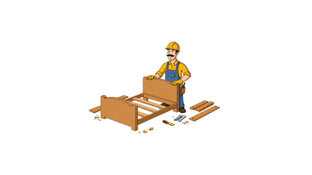 Cartoon carpenter assembling bed frame furniture construction and home improvement project image on transparent background