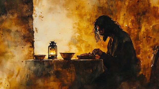 A watercolor painting of Jesus breaking bread at Emmaus under soft lantern light, rustic stone walls, table with simple clay dishes, peaceful expressions, warm earth tones throughout.