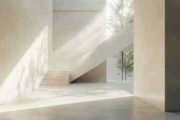 Obraz premium Bright minimalist interior with sunlight filtering through trees and an open staircase