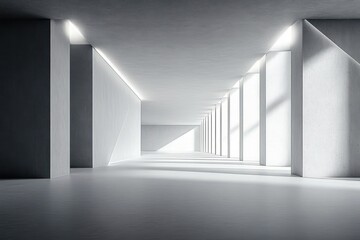 Obraz premium Minimalistic spacious corridor with geometric concrete columns and large windows casting sharp shadows and bright natural light