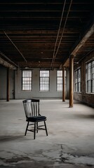A solitary chair in a large, empty industrial space with high ceilings and large windows.