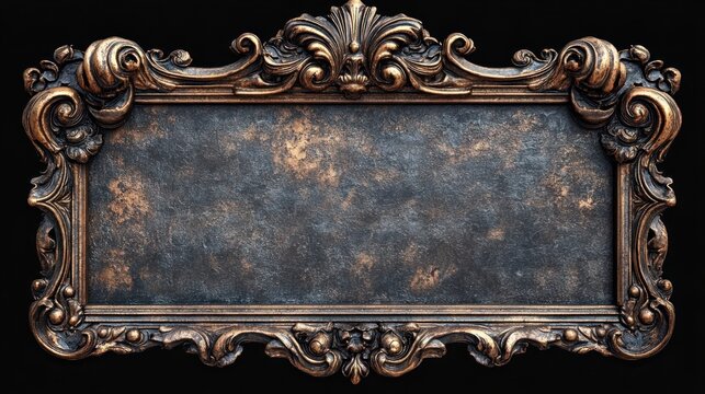 ornate rectangular vintage frame with intricate carvings and aged bronze and black patina finish