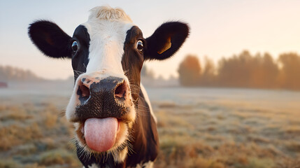Funny Close-up of a Holstein Cow Licking its Nose

