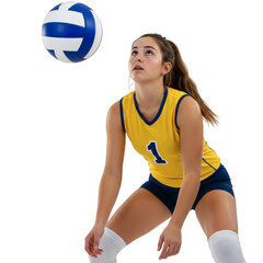 Teen girl in yellow jersey with volleyball looking up ready to play the game with knee pads on isolated on transparent background