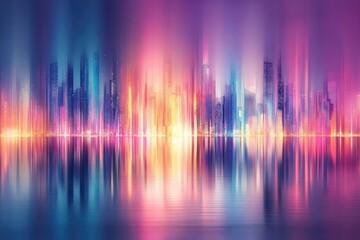 Vibrant cityscape at night, reflected in calm water, with blurred, colorful lights creating a dreamy, almost surreal atmosphere