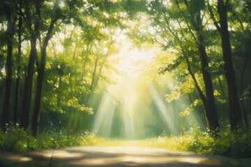 Obraz premium Sunlight streaming through tall trees onto a forest path creating a peaceful and serene atmosphere