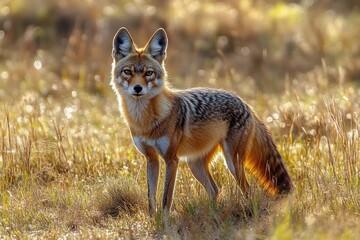 Obraz premium Alert and curious fox standing in golden grassy field with warm sunlight highlighting its fur and expressive eyes
