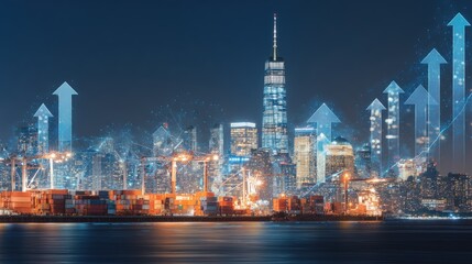 New York City skyline with shipping containers and upward growth arrows.
