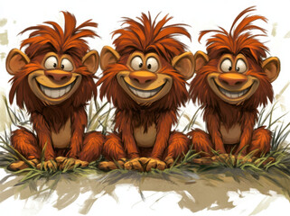 Cute smiling animals sitting on grass, featuring three cartoonish creatures with fluffy orange fur and cheerful expressions. Their playful demeanor brings joy and warmth to scene