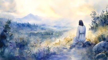 Naklejka premium A watercolor painting of Jesus near the tomb, gazing toward the sky, soft dawn light on his face, surrounding hills bathed in gentle mist. Created Using: plein-air sketch influence, pastel hues,