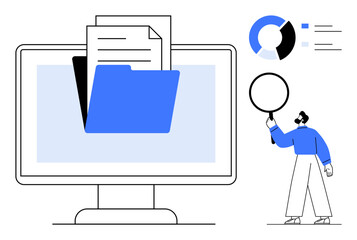 Desktop monitor with open folder and documents, analytic dashboard, person holding magnifying glass. Ideal for data organization, file access, research, analytics, productivity, education simple