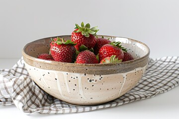 Bowl filled with fresh ripe strawberries on a checkered napkin set against a white backdrop